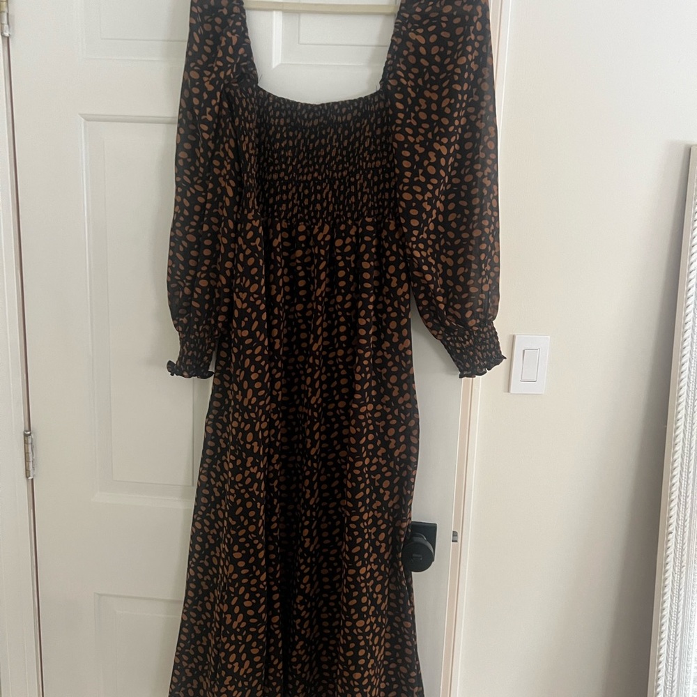 Black Midi Dress with Brown Abstract Print and Square Neck